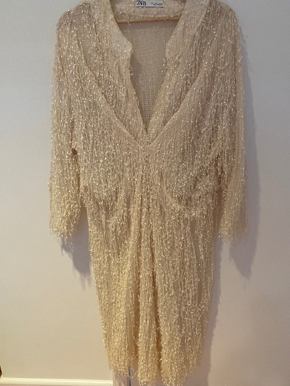 ZARA Cream Semi-Sheer Fringed Dress Size Large